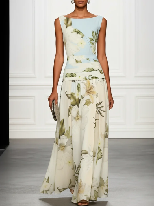 Elegant Maxi Dresses for Women with Floral Print Boat Neck Sleeveless Ruffle Waist Formal Wedding Guest Style