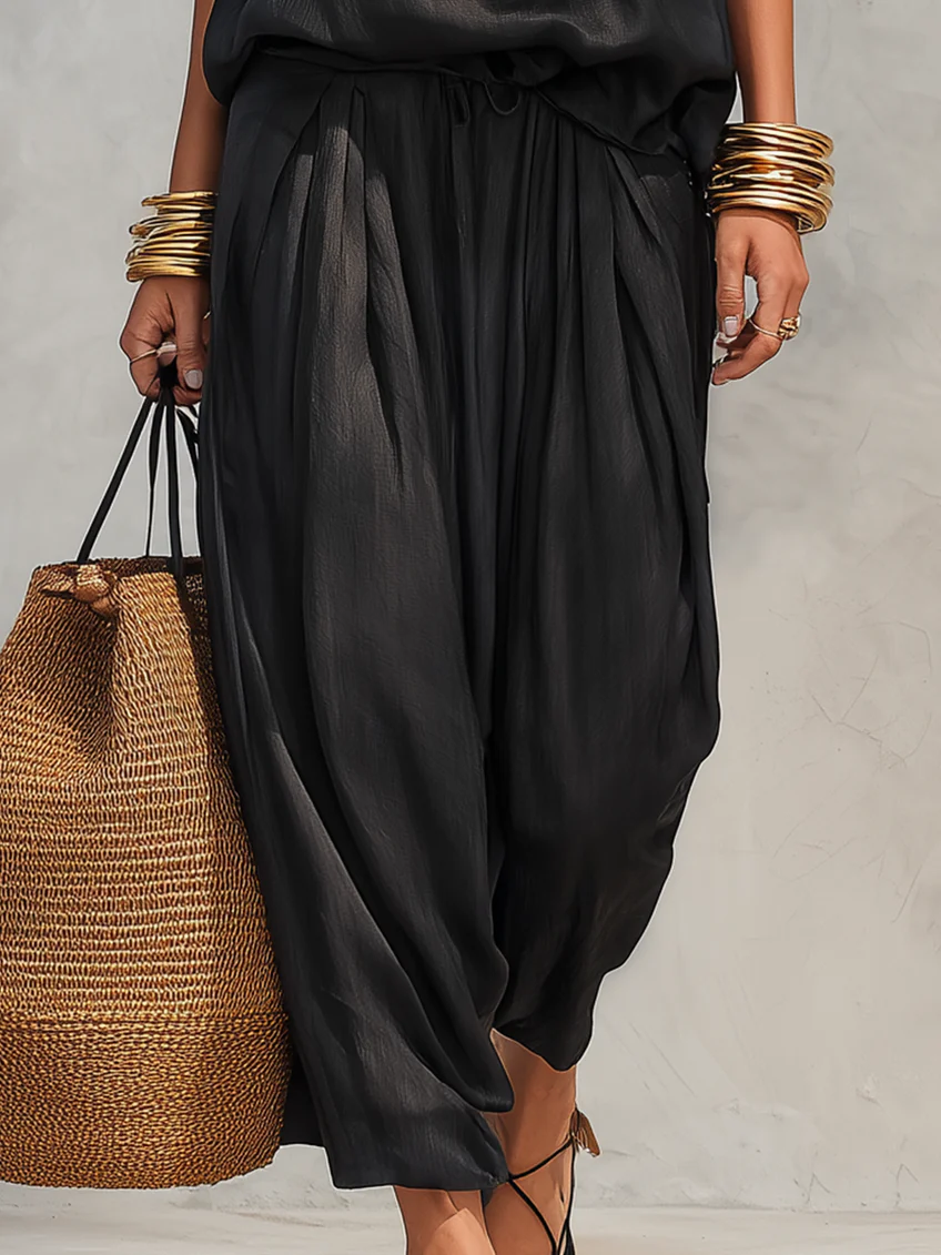 Stylish Black Two Piece Set for Women with Cowl Neck Sleeveless Draped