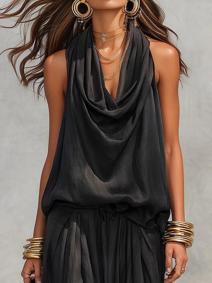 Stylish Black Two Piece Set for Women with Cowl Neck Sleeveless Draped