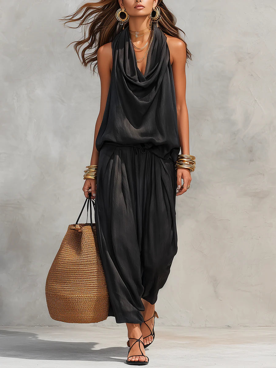 Stylish Black Two Piece Set for Women with Cowl Neck Sleeveless Draped