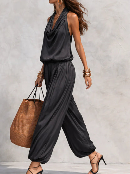 Stylish Black Two Piece Set for Women with Cowl Neck Sleeveless Draped