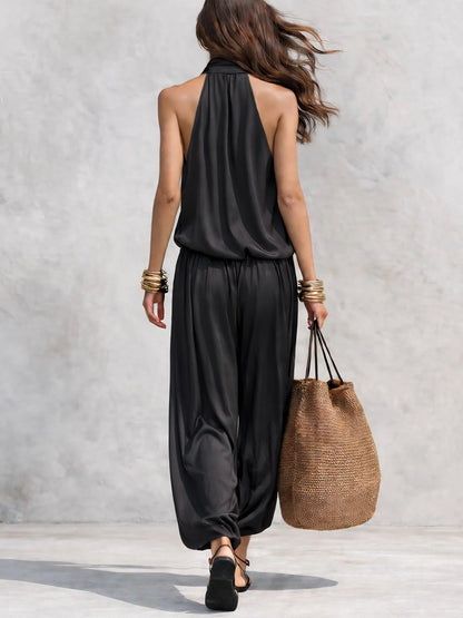 Stylish Black Two Piece Set for Women with Cowl Neck Sleeveless Draped
