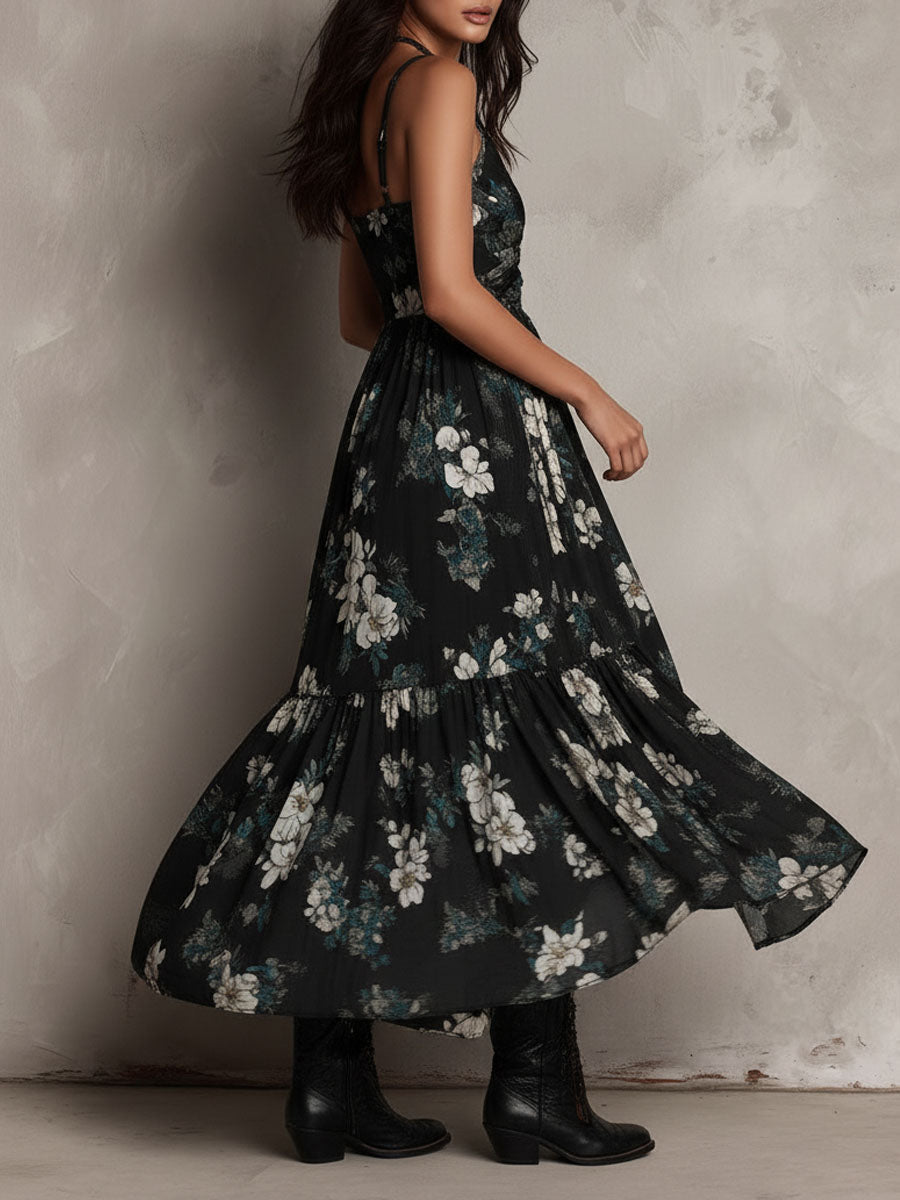 Elegant Black Dress for Women with V-Neck Spaghetti Strap Floral Print Hi Low Hem Maxi Formal Style