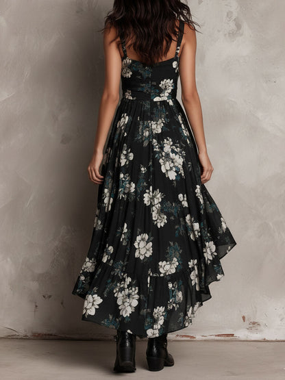 Elegant Black Dress for Women with V-Neck Spaghetti Strap Floral Print Hi Low Hem Maxi Formal Style