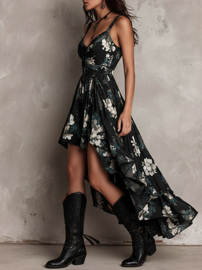 Elegant Black Dress for Women with V-Neck Spaghetti Strap Floral Print Hi Low Hem Maxi Formal Style
