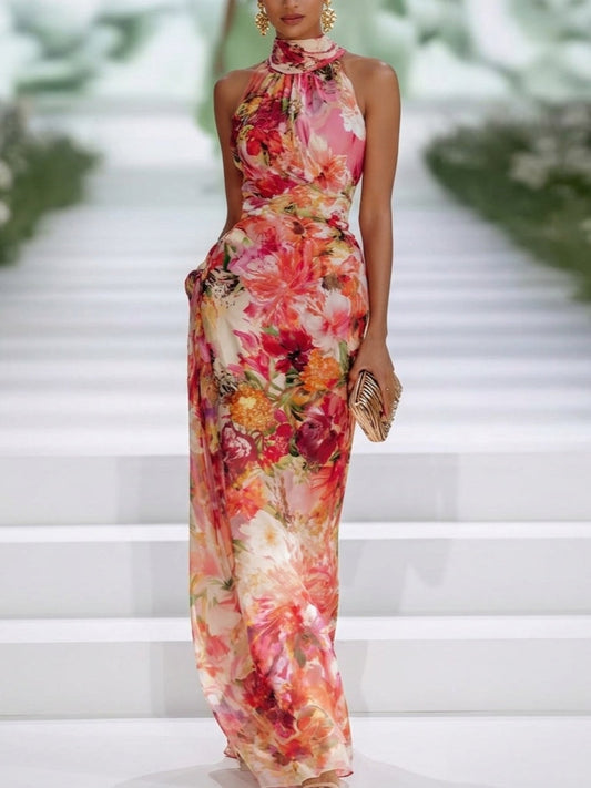 Elegant Red Dress for Women with Floral Chiffon Halter Neck Sleeveless Draped Bodycon Formal Maxi Style