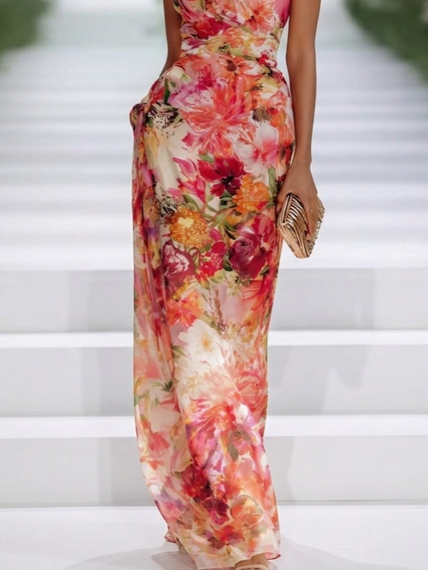 Elegant Red Dress for Women with Floral Chiffon Halter Neck Sleeveless Draped Bodycon Formal Maxi Style