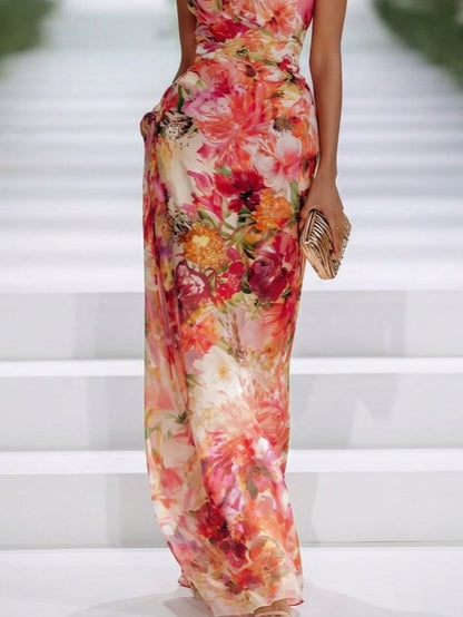 Elegant Red Dress for Women with Floral Chiffon Halter Neck Sleeveless Draped Bodycon Formal Maxi Style