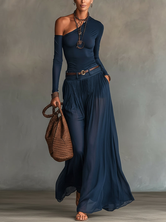 Elegant Two Piece Set for Women with One Shoulder Long Sleeve Top Sheer Tulle Maxi Skirt Belted Style
