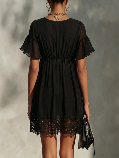 Elegant Black Dress for Women with Gold Zip V-Neck Ruffle Sleeve Lace Trim Mini Chiffon Style