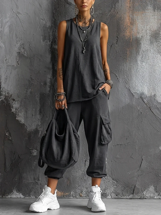 Stylish Two Piece Set for Women with Sleeveless Vest Tank Top Cargo Jogger Pants Casual Streetwear Style