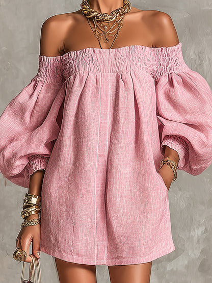 Effortless Pink Dress for Women with Off Shoulder Lantern Sleeve Smocked Waist Loose Mini Style