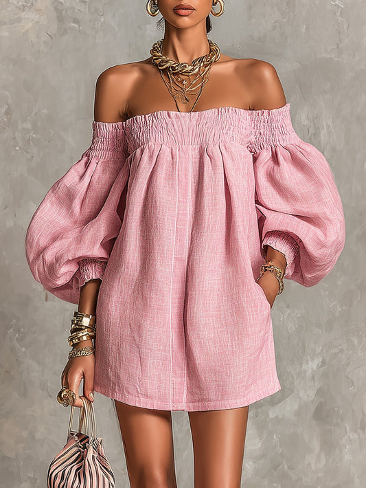 Effortless Pink Dress for Women with Off Shoulder Lantern Sleeve Smocked Waist Loose Mini Style