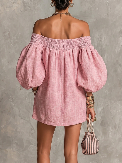 Effortless Pink Dress for Women with Off Shoulder Lantern Sleeve Smocked Waist Loose Mini Style