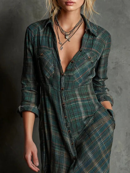 Effortless Plaid Shirt Dress for Women with Lapel Button Down Long Sleeve Casual Maxi Style