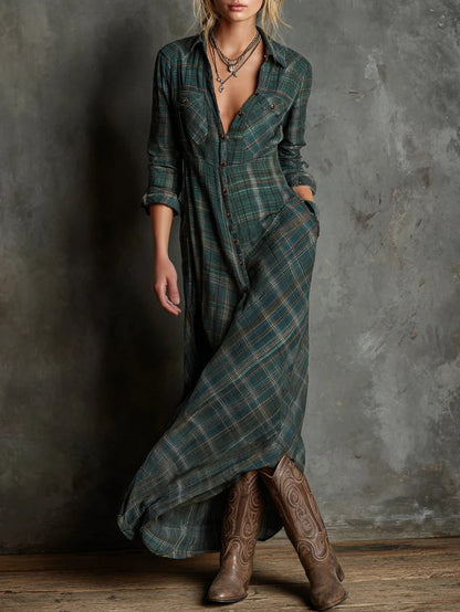 Effortless Plaid Shirt Dress for Women with Lapel Button Down Long Sleeve Casual Maxi Style