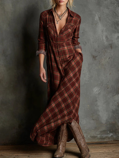 Effortless Plaid Shirt Dress for Women with Lapel Button Down Long Sleeve Casual Maxi Style