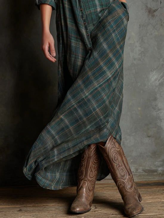Effortless Plaid Shirt Dress for Women with Lapel Button Down Long Sleeve Casual Maxi Style