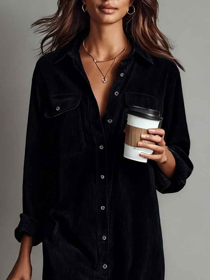Effortless Corduroy Shirt Dress for Women with Button Down Long Sleeve Chest Pocket Midi Style