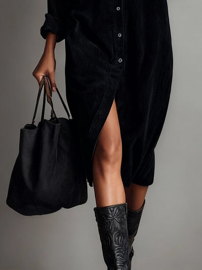 Effortless Corduroy Shirt Dress for Women with Button Down Long Sleeve Chest Pocket Midi Style