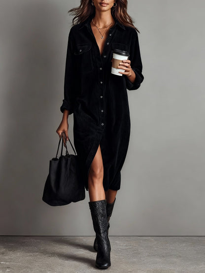 Effortless Corduroy Shirt Dress for Women with Button Down Long Sleeve Chest Pocket Midi Style