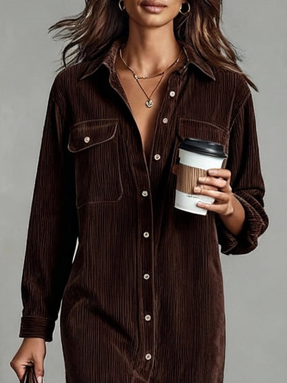 Effortless Corduroy Shirt Dress for Women with Button Down Long Sleeve Chest Pocket Midi Style