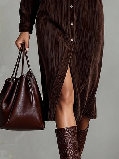 Effortless Corduroy Shirt Dress for Women with Button Down Long Sleeve Chest Pocket Midi Style