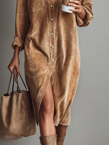 Effortless Corduroy Shirt Dress for Women with Button Down Long Sleeve Chest Pocket Midi Style