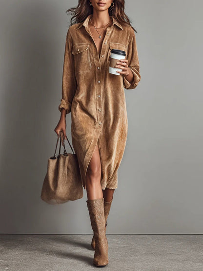 Effortless Corduroy Shirt Dress for Women with Button Down Long Sleeve Chest Pocket Midi Style