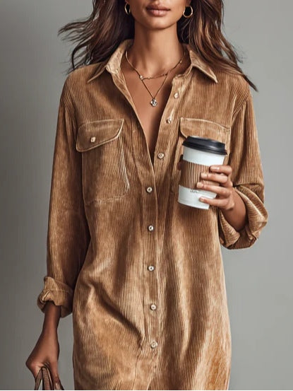 Effortless Corduroy Shirt Dress for Women with Button Down Long Sleeve Chest Pocket Midi Style