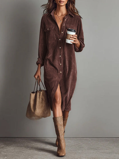 Effortless Corduroy Shirt Dress for Women with Button Down Long Sleeve Chest Pocket Midi Style