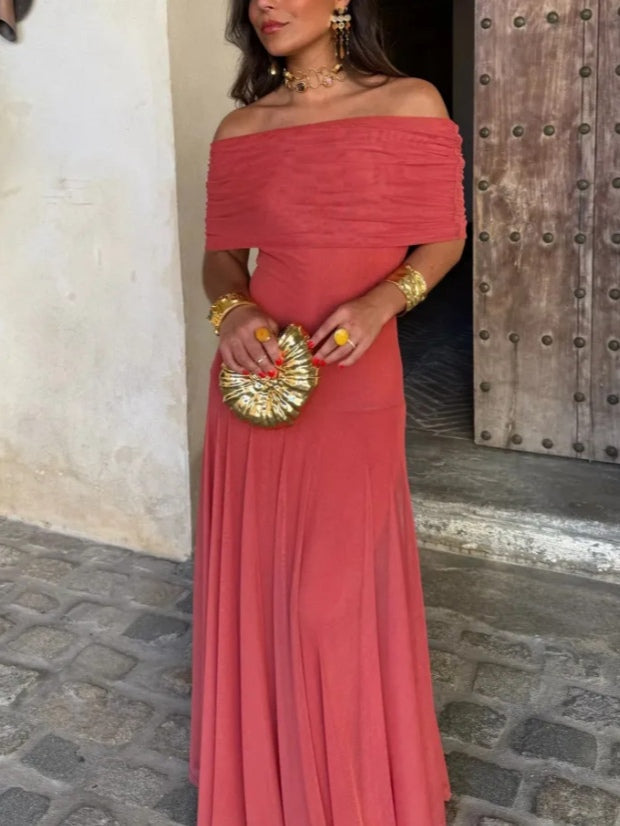 Elegant Maxi Dresses for Women with Mesh Off Shoulder Draped Neckline Ruched Bodycon Formal Style