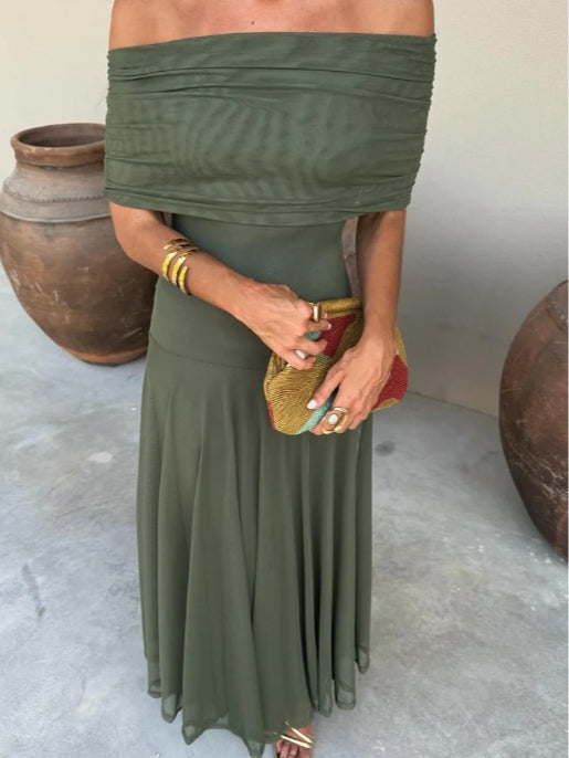 Elegant Maxi Dresses for Women with Mesh Off Shoulder Draped Neckline Ruched Bodycon Formal Style
