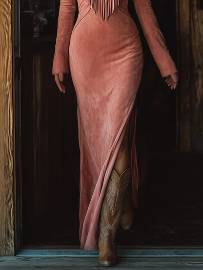 Elegant Pink Dresses for Women with Tassel Fringe V-Neck Embroidered Long Sleeve Maxi Style