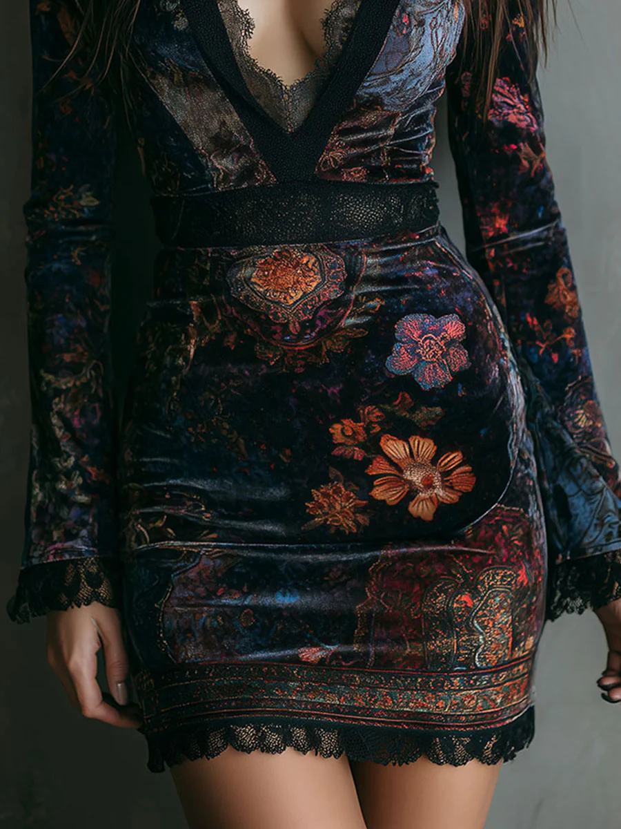 Elegant Floral Velvet Mini Dress for Women with Deep V Neck Long Sleeve Lace Trim Slim Fit Style