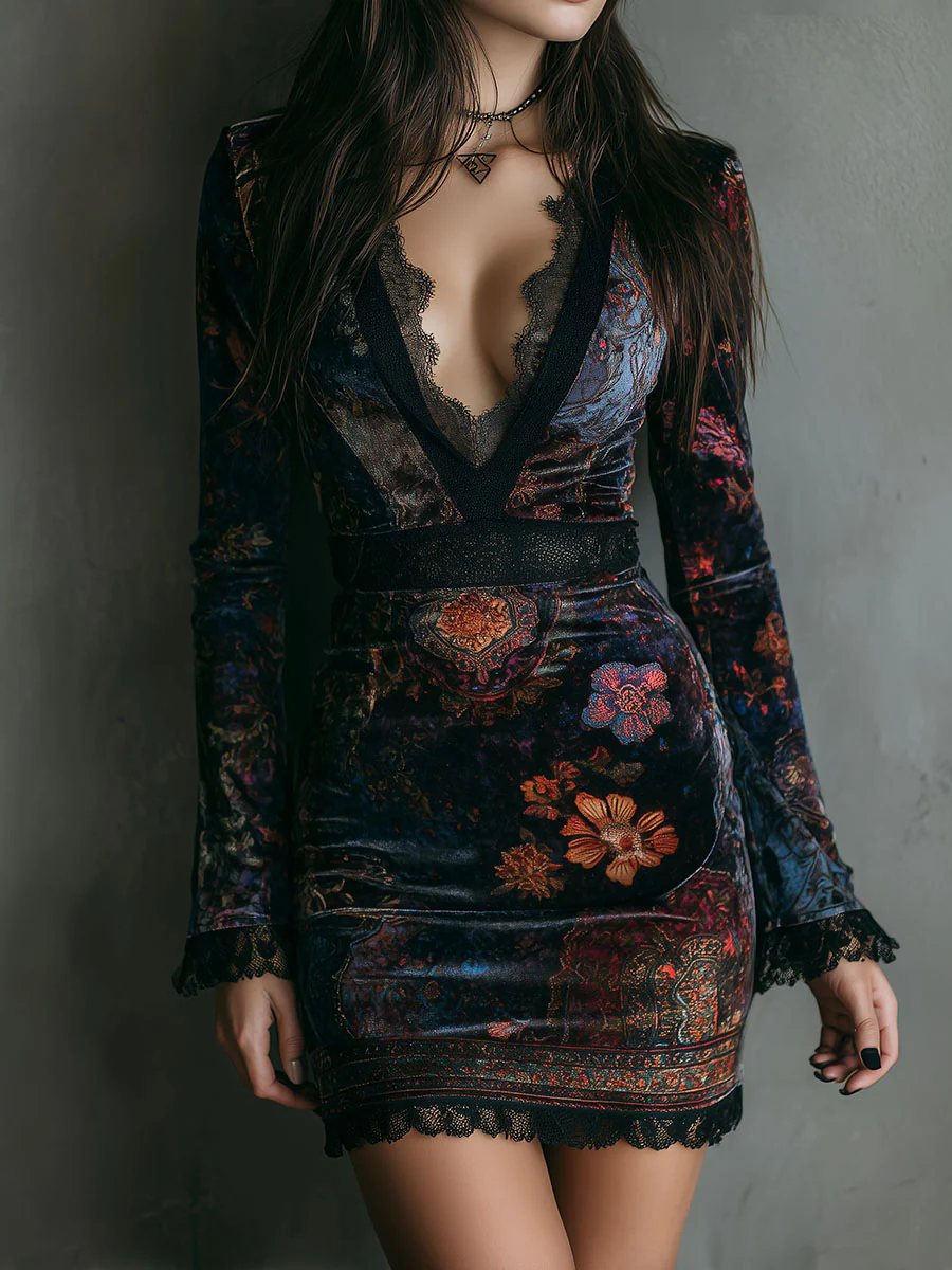 Elegant Floral Velvet Mini Dress for Women with Deep V Neck Long Sleeve Lace Trim Slim Fit Style