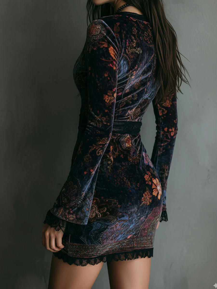Elegant Floral Velvet Mini Dress for Women with Deep V Neck Long Sleeve Lace Trim Slim Fit Style
