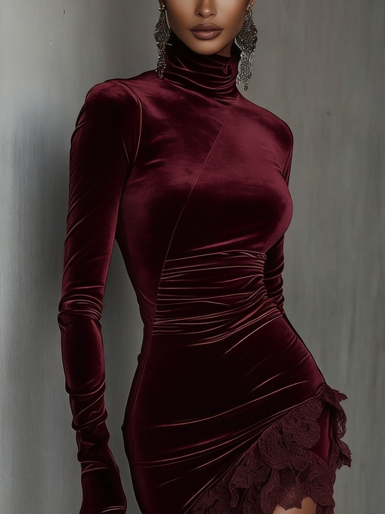 Elegant Red Dress for Women with Velvet Turtleneck Ruched Bodycon Long Sleeve Lace Hem Mini Style