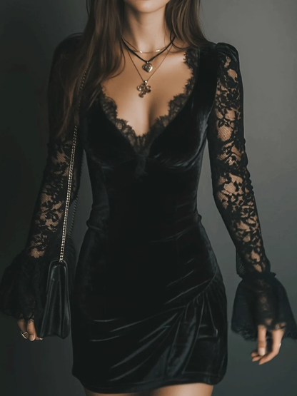 Elegant Black Dress for Women with Velvet Lace Deep V-Neck Flared Sleeve Bodycon Mini Style