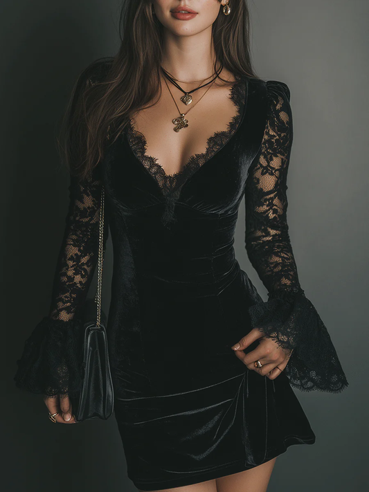 Elegant Black Dress for Women with Velvet Lace Deep V-Neck Flared Sleeve Bodycon Mini Style