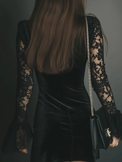 Elegant Black Dress for Women with Velvet Lace Deep V-Neck Flared Sleeve Bodycon Mini Style