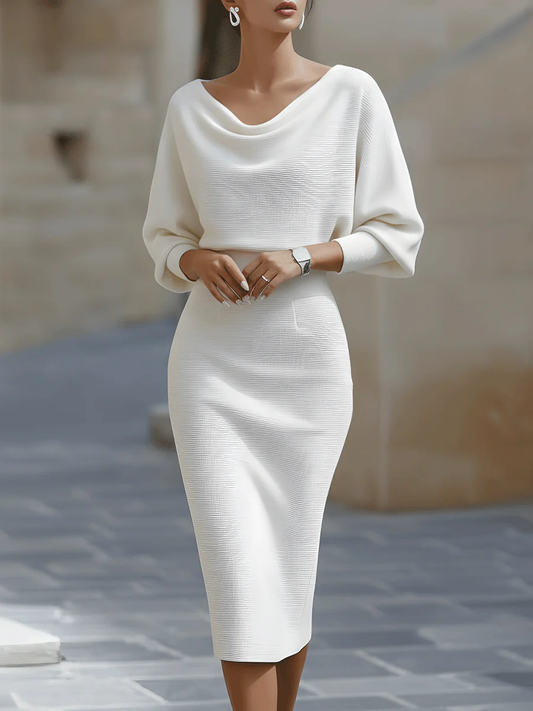 Elegant White Dresses for Women with Draped Cowl Neck Batwing Long Sleeve Bodycon Formal Midi Style