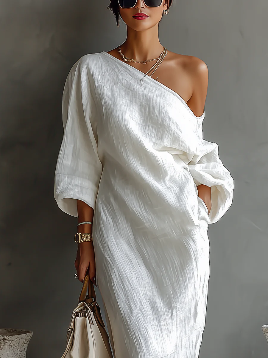 Effortless White Maxi Dresses for Women with One Shoulder Long Sleeve Oversized Flowing Casual Style