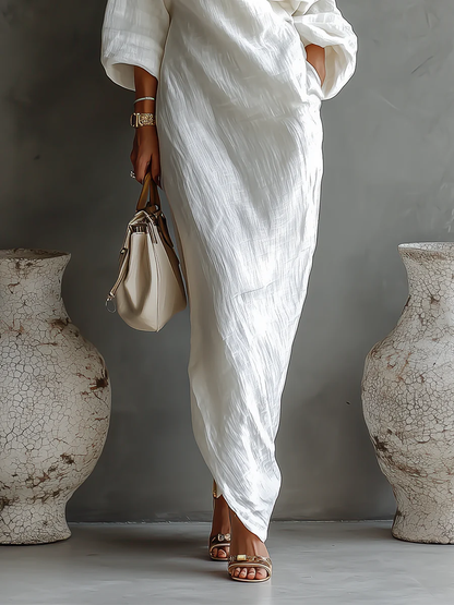 Effortless White Maxi Dresses for Women with One Shoulder Long Sleeve Oversized Flowing Casual Style