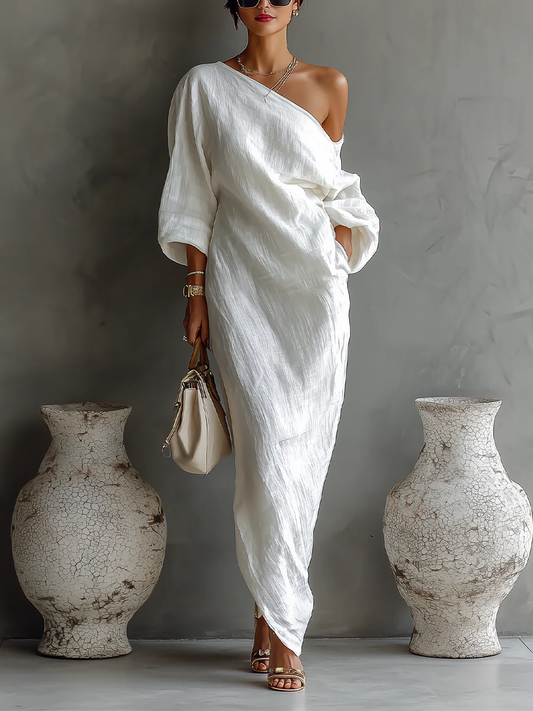 Effortless White Maxi Dresses for Women with One Shoulder Long Sleeve Oversized Flowing Casual Style