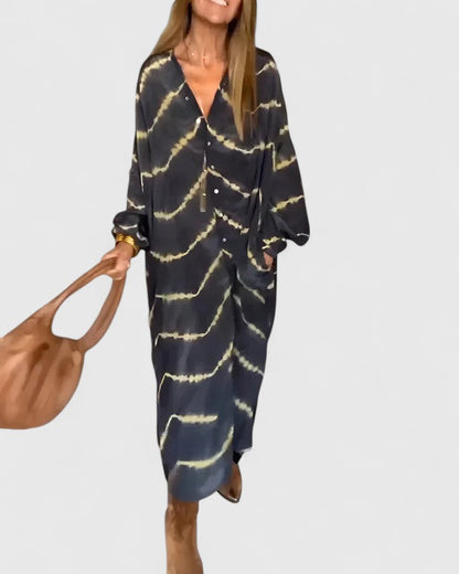 Effortless Shirt Dress for Women with Deep V-Neck Long Sleeve Button Down Stripe Print Loose Midi Style
