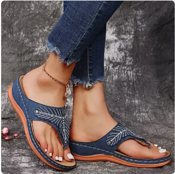Stylish Flip Flops for Women with Toe Ring Rhinestone Embellished Flat Sole Ankle Wrap Sandal Style