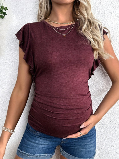 Stylish Maternity Top for Women with Crew Neck Ruffle Sleeve Ruched Side Fitted Casual Style