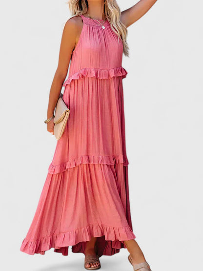 Effortless Ruffle Maxi Dresses for Women with Halter Neck Sleeveless Two Tone Casual Sundress Style