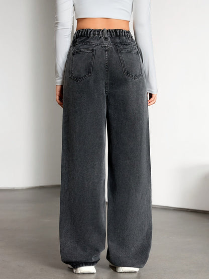 Effortless Relaxed Grey Wide Leg Jeans for Women with High Waist Faded Wash Style